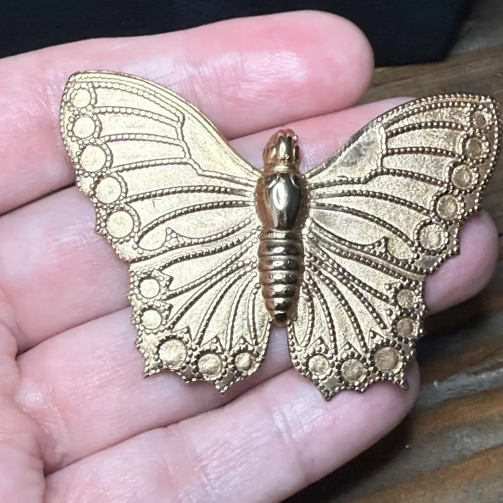 Vintage Butterfly Brooch Gold Tone Large Stamped Repousse Style Pin
